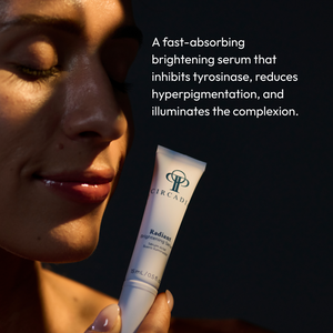 Circadia Radiant Brightening Serum bottle with dropper, showcasing clear liquid and sleek packaging for glowing skin.