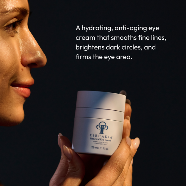 Circadia Renewal Eye Cream gel in a small jar with a smooth, creamy texture, designed to reduce puffiness and dark circles around the eyes.