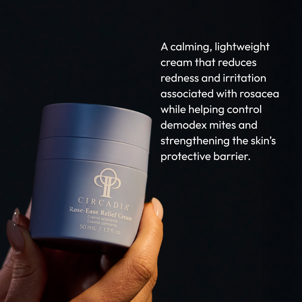 Circadia Rose-Ease Relief Cream night cream in a jar with a floral label, designed to soothe and hydrate skin overnight.