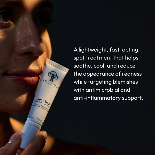 Circadia Spot Stop targeted blemish corrector serum in a small bottle, designed to treat acne spots and skin blemishes.