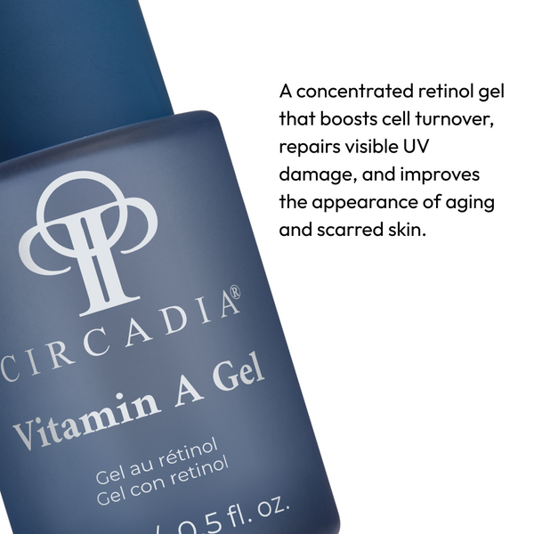 Circadia Vitamin A Gel serum in a clear bottle with dropper, designed for skincare and skin renewal.