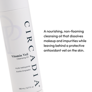 Circadia Vitamin Veil Cleansing Oil for face, gentle cleanser with vitamin-rich formula, in a clear bottle with pump dispenser.