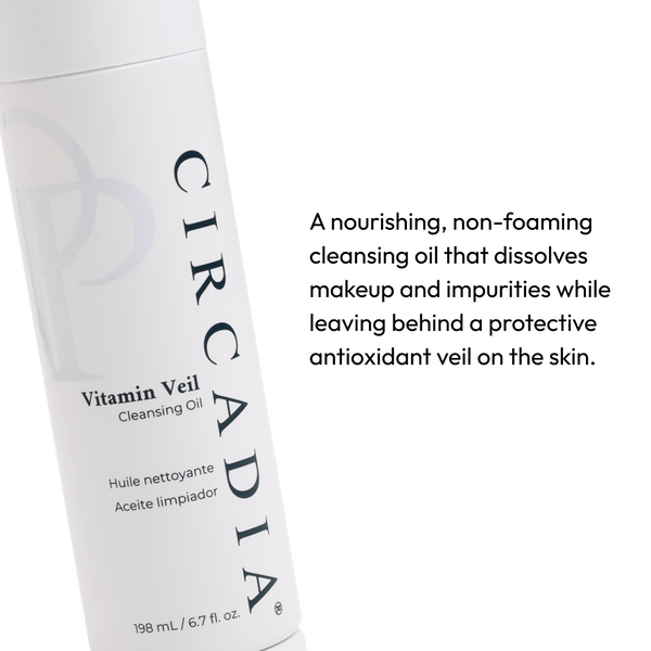 Circadia Vitamin Veil Cleansing Oil for face, gentle cleanser with vitamin-rich formula, in a clear bottle with pump dispenser.