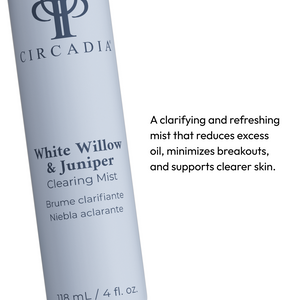 Circadia White Willow & Juniper Clearing Mist bottle with spray nozzle, featuring white and green label design.