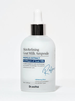 Dr. Esthe Skin Refining Goat Milk Ampoule in a sleek 50 ml bottle, designed for facial rejuvenation and hydration.