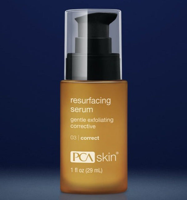 PCA Skin Resurfacing Serum in a 1 fl oz bottle with a sleek design, showcasing the product label and texture.