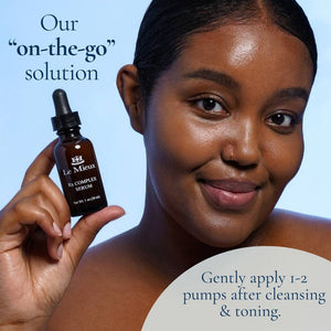 Le Mieux Rx Complex Serum with antioxidants, peptides, and hyaluronic acid in a sleek bottle, ideal for anti-aging skincare.