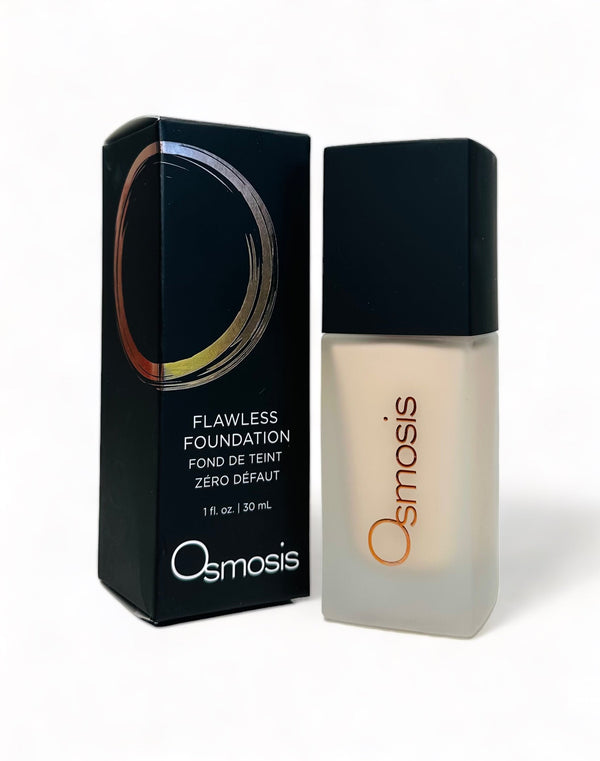 Osmosis Beauty Flawless Foundation in a pump bottle, showcasing a smooth, creamy texture suitable for even skin tone.