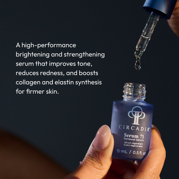 Circadia Serum 71 Renewal Serum in a sleek glass bottle with a dropper for skincare and anti-aging benefits.