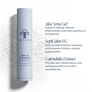 Circadia Aloe & Calendula Calming Mist in a clear spray bottle, showcasing natural ingredients for soothing skin.