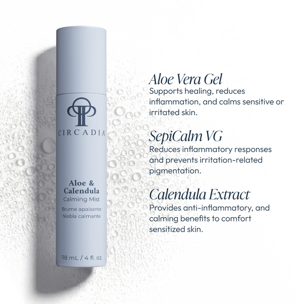 Circadia Aloe & Calendula Calming Mist in a clear spray bottle, showcasing natural ingredients for soothing skin.