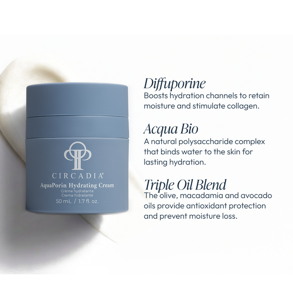 Circadia AquaPorin Hydrating Cream jar showing the moisturizer in a sleek white container with the product label visible.
