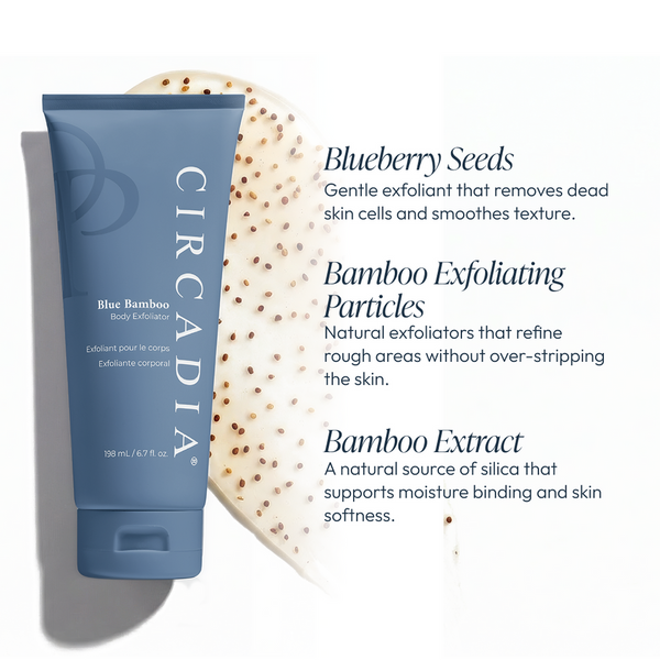 Circadia Blue Bamboo Exfoliator gel cleanser for body with blue bamboo extract, showing the product bottle and packaging.