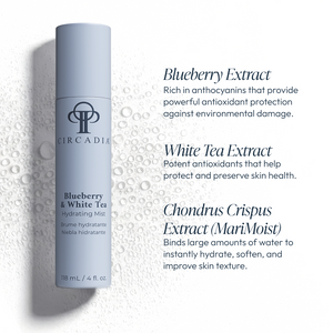 Circadia Blueberry & White Tea Hydrating Mist in a clear spray bottle, featuring a refreshing and hydrating skincare mist.