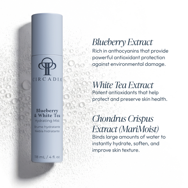 Circadia Blueberry & White Tea Hydrating Mist in a clear spray bottle, featuring a refreshing and hydrating skincare mist.