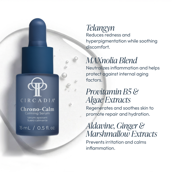 Circadia Chrono-Calm calming serum in a clear glass bottle with dropper for soothing skin and stress relief.