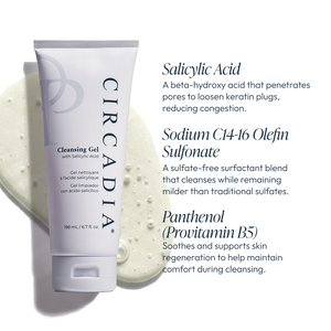 Circadia Cleansing Gel with Salicylic Acid for acne-prone skin, showing a clear gel in a pump bottle.