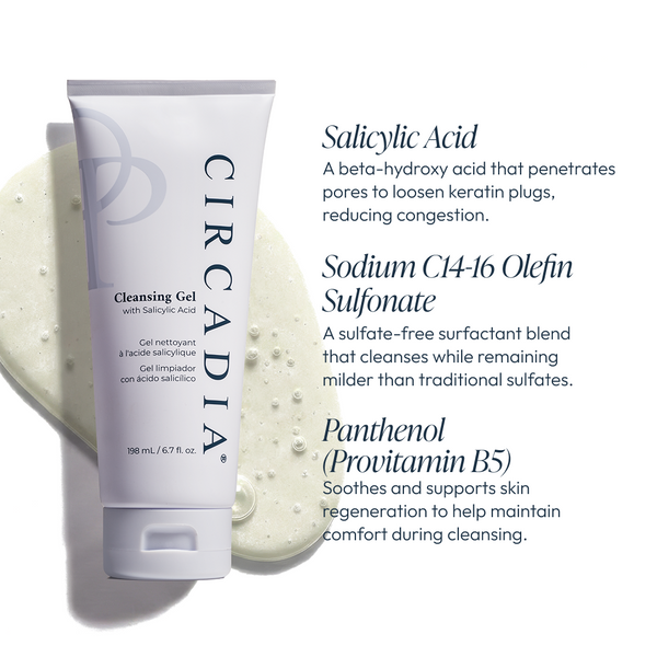 Circadia Cleansing Gel with Salicylic Acid for acne-prone skin, showing a clear gel in a pump bottle.