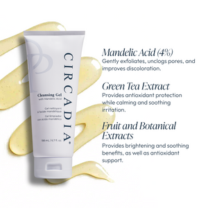Circadia Cleansing Gel with Mandelic Acid for gentle facial cleansing, featuring a clear gel formula in a pump bottle.
