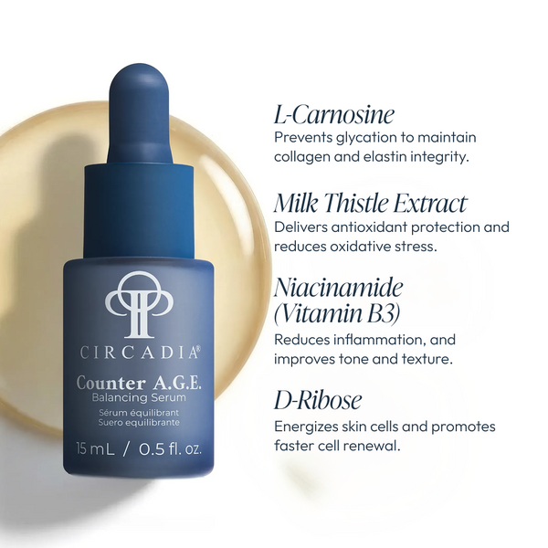 Circadia Counter A.G.E. Balancing Serum in a clear glass bottle with dropper, designed for anti-aging and skin balance.