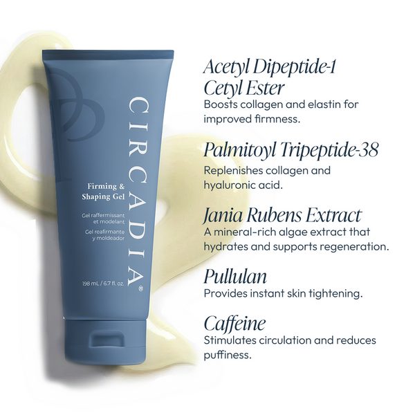 Circadia Professional Firming & Shaping Gel cleanser in a clear tube with a white cap, showing the gel's smooth texture.
