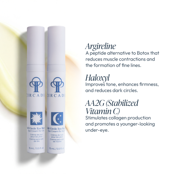 Circadia Full Circle Eye Repair eye cream duo with two jars of eye care product for reducing fine lines and puffiness.