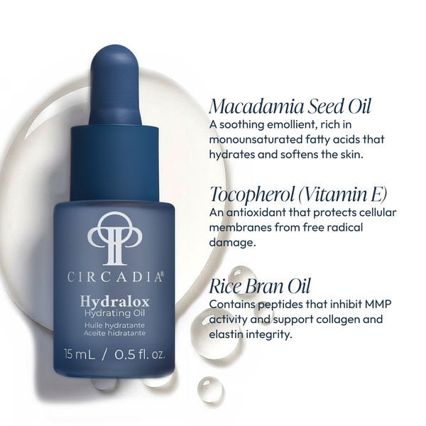 Circadia Hydralox Hydrating Oil serum bottle with dropper cap, clear glass container showing the product inside.