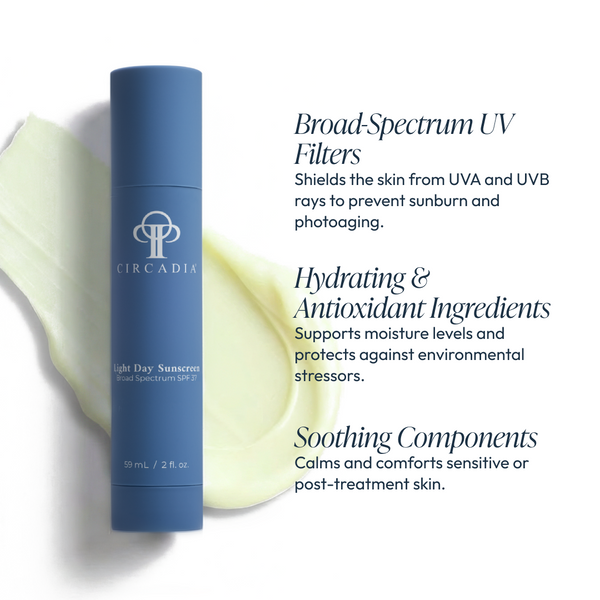 Circadia Light Day Sunscreen SPF 37 bottle showing broad spectrum protection and lightweight formula for daily sun defense.