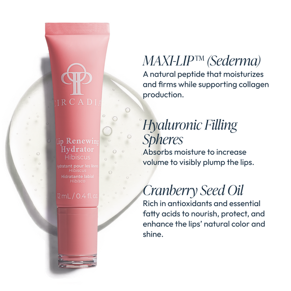 Circadia Hibiscus Lip Renewing Hydrator tube showing hydrating lip care product with hibiscus extract for smooth, moisturized lips.