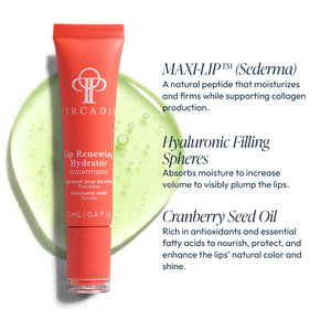 Circadia Lip Renewing Hydrator in Watermelon flavor, showing the lip care product tube with watermelon imagery and branding.