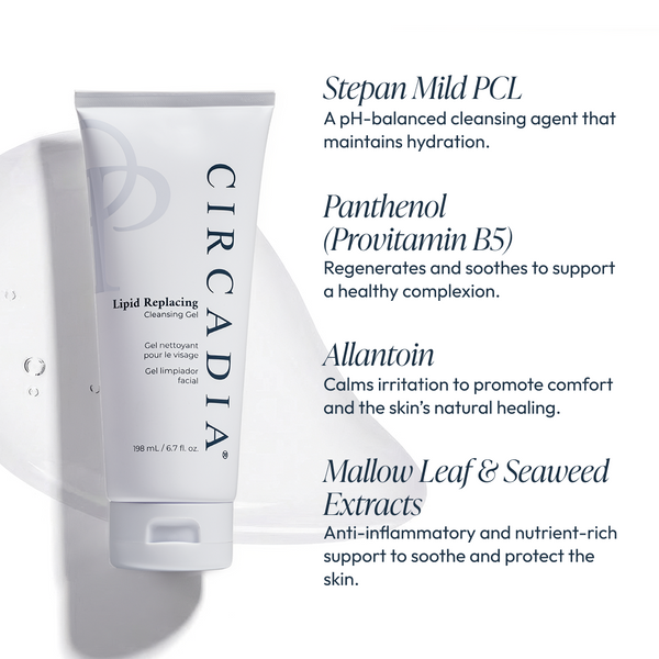 Circadia Lipid Replacing Cleansing Gel in a clear pump bottle, showing the gentle cleanser designed to restore skin’s lipid barrier.