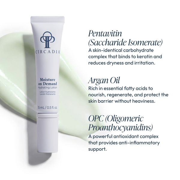 Circadia Moisture on Demand hydrating lotion in a pump bottle, designed for deep skin moisture and hydration.