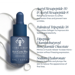 Circadia Myo-Cyte Plus anti-wrinkle serum in a sleek bottle, showcasing the serum's smooth texture and applicator tip.
