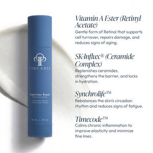 Circadia Nighttime Repair Retinol Cream jar with white lid, showcasing the luxurious skincare product in a sleek container.