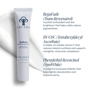 Circadia Radiant Brightening Serum bottle showing sleek packaging and dropper applicator, designed to enhance skin radiance.