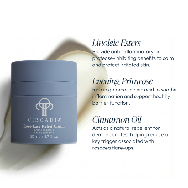 Circadia Rose-Ease Relief Cream night cream with rose extract in a white jar, designed for soothing and hydrating skin at night.
