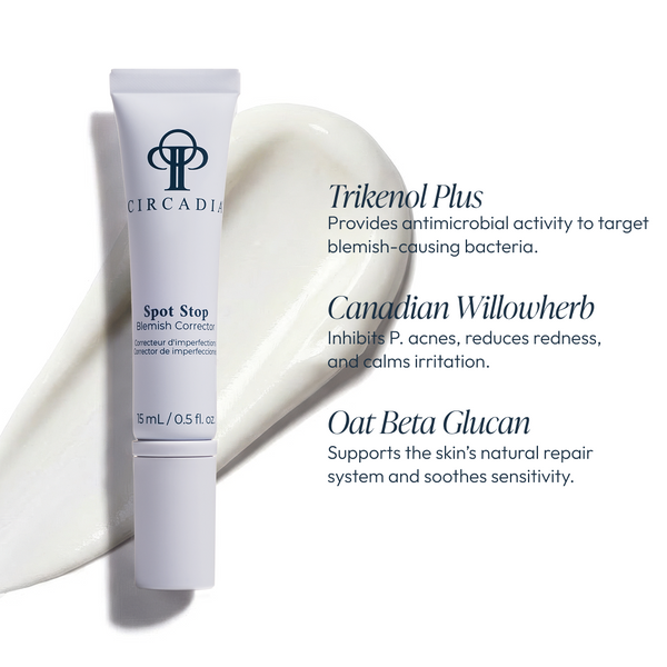 Circadia Spot Stop blemish corrector serum in a small tube, designed for targeted treatment of acne and skin blemishes.
