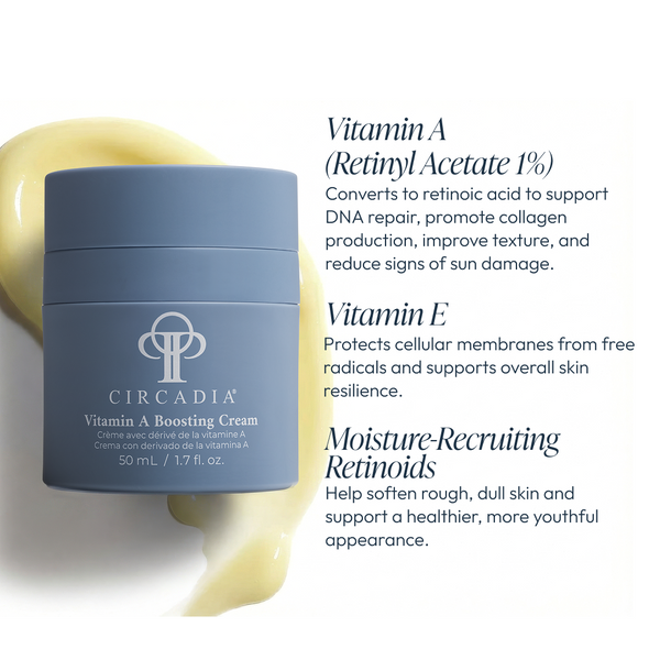 Circadia Vitamin A Boosting Cream night cream with a sleek jar, designed to enhance skin renewal and reduce signs of aging.