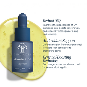 Circadia Vitamin A Gel serum in a clear pump bottle, showcasing its smooth gel texture and orange-colored packaging.