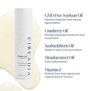 Circadia Vitamin Veil Cleansing Oil in a clear bottle, showcasing a gentle facial cleanser with vitamin-rich formula.
