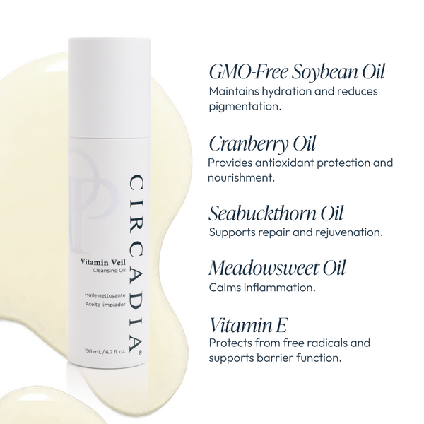 Circadia Vitamin Veil Cleansing Oil in a clear bottle, showcasing a gentle facial cleanser with vitamin-rich formula.