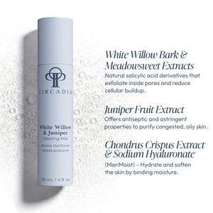 Circadia White Willow & Juniper Clearing Mist bottle, a skincare mist with white willow and juniper botanical ingredients.