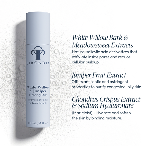 Circadia White Willow & Juniper Clearing Mist bottle, a skincare mist with white willow and juniper botanical ingredients.