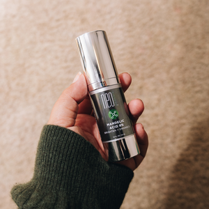 NeoGenesis Mandelic Acid 8% aging product in a sleek bottle with a dropper, set against a neutral background.