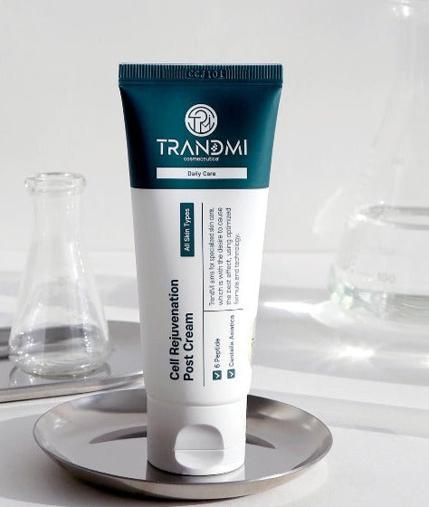 Tov Beauty Trandmi Cell Rejuvenation Post Cream in a 60ml jar, showcasing a smooth cream texture and elegant packaging.