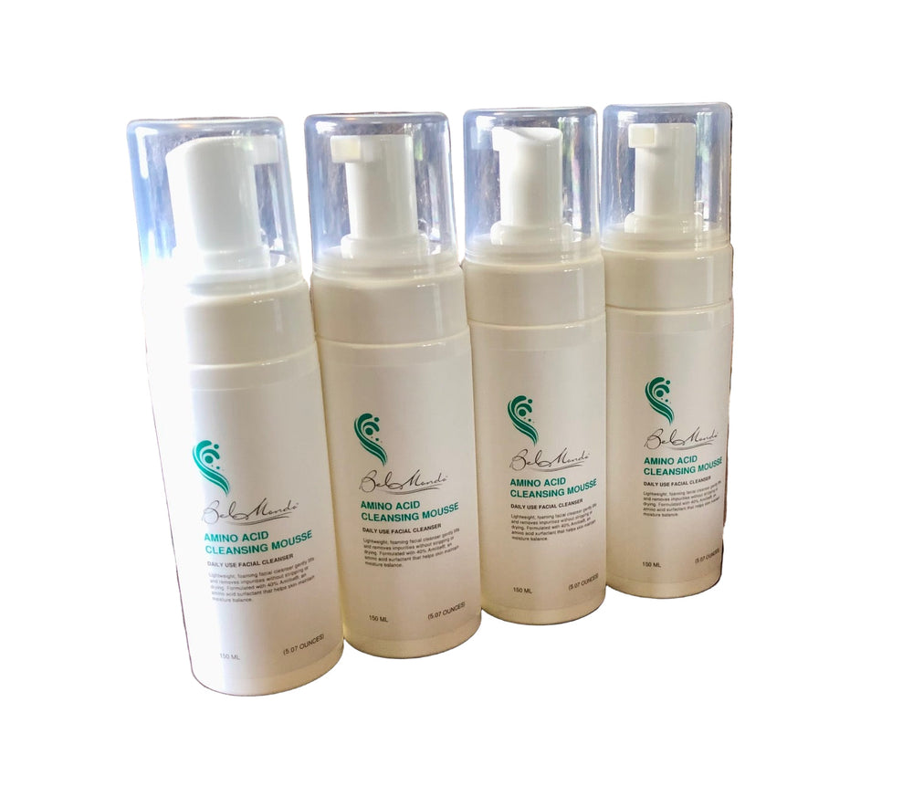 Bel Mondo Amino Acid Cleansing Mousse in a 5.07 oz bottle, featuring a rich, foamy texture for gentle cleansing.