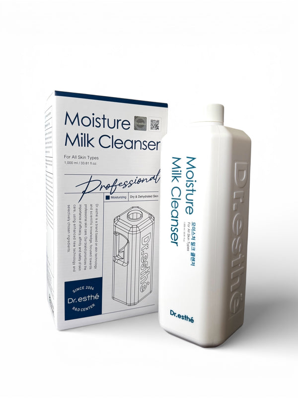 Dr. Esthe Milk Cleanser bottle with white and gold packaging, showcasing a gentle skincare cleanser for sensitive skin.