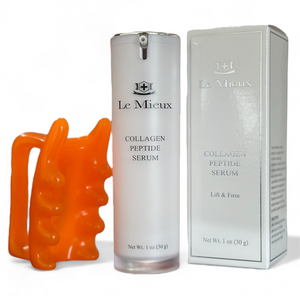 Le Mieux Collagen Peptide Serum in a 30 ml bottle with a creamy texture and a free facial massager included.