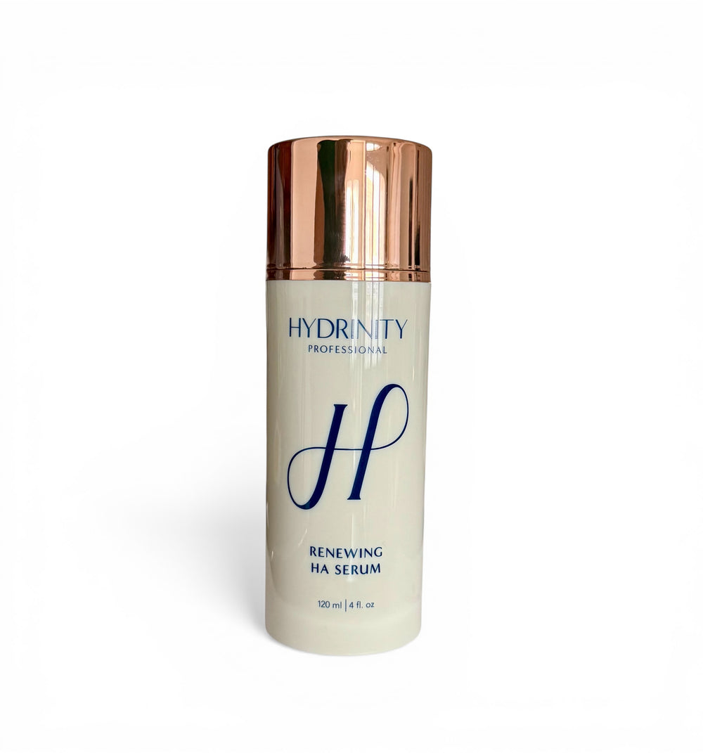Hydrinity Renewing HA Serum with PPM⁶ technology in a sleek glass bottle, featuring a dropper for precise application.