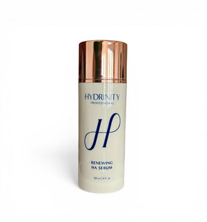 Hydrinity Renewing HA Serum with PPM⁶ technology in a sleek glass bottle, featuring a dropper for precise application.